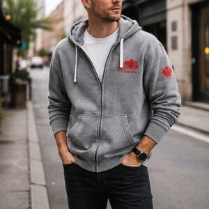 Roots Canada Gray Full Zip Hoodie Men’s Cotton Blend Logo Graphic Casual